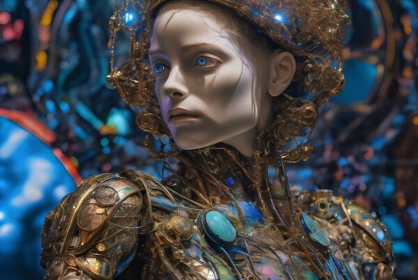 Futuristic humanoid figure with intricate mechanical features and illuminated patterns.