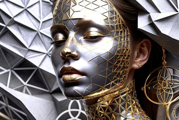 Futuristic artwork featuring metallic and gold geometric face design, showcasing modern technology and art fusion.