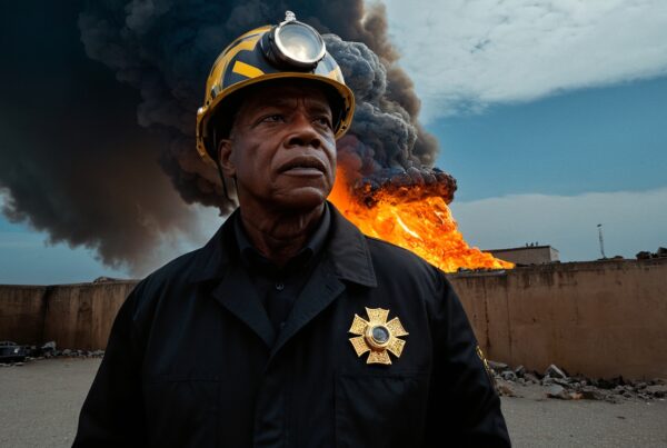 A determined firefighter stands amidst a raging industrial blaze, with smoke and flames in the background.