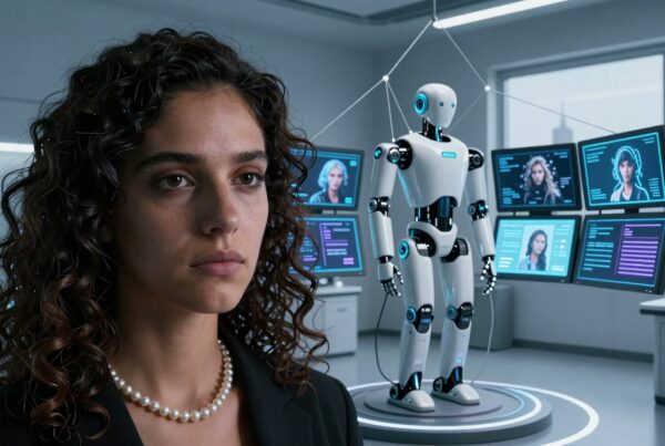 Futuristic laboratory with woman and humanoid robot analyzing digital data on high-tech displays.