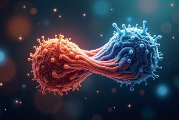 A detailed illustration of two dividing cells in vibrant colors with a dark, bokeh background.