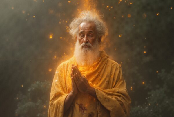 A serene elderly man in saffron robe surrounded by magical glowing sparks.