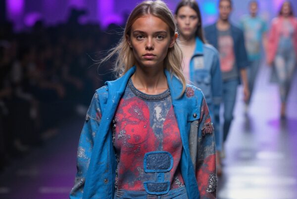 A fashion model on the runway wearing a colorful, artistic blue and red ensemble at a high-profile fashion show.