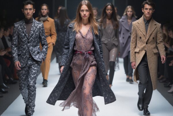 Diverse models showcase elegant attire on runway.