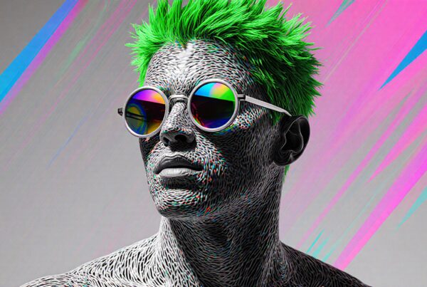 A person with neon green hair and rainbow glasses in an artistic abstract setting.