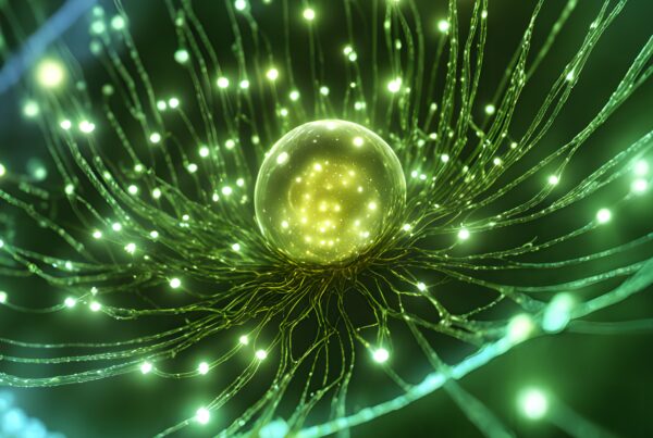 A futuristic glowing sphere with radiating luminous tendrils against a dark background.