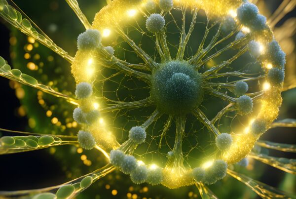 Close-up of glowing molecular structure with fibrous extensions and nodes illuminated in green and yellow.