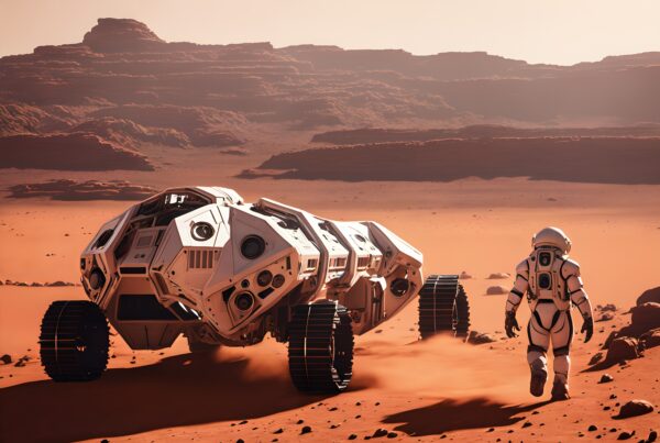 Mars exploration rover and astronaut on rocky, red desert landscape, under hazy sky.