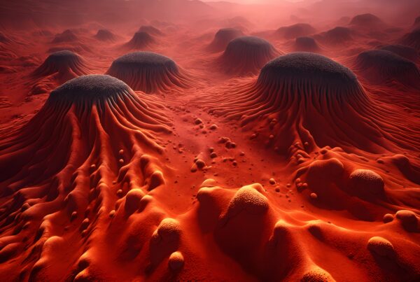 A surreal alien landscape with dome-like formations and a red, atmospheric hue.