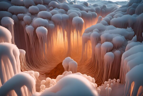 A surreal glowing cavern with icicle formations and a warm light.