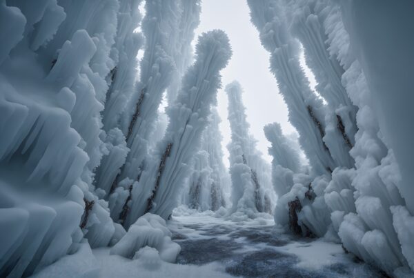 Majestic ice towers rise above frozen ground.