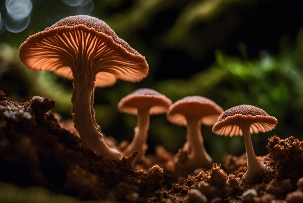 A cluster of mushrooms lit from below, set against a blurred green forest background, highlighting intricate gills.