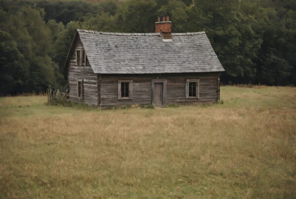 A rustic wooden cabin stands amidst a lush green field with a forest backdrop, exuding a serene, tranquil charm.