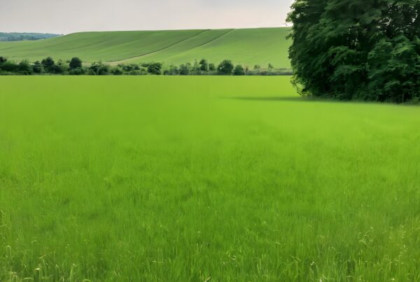 A wide green meadow with a large tree under a cloudy sky, featuring rolling hills in the background.