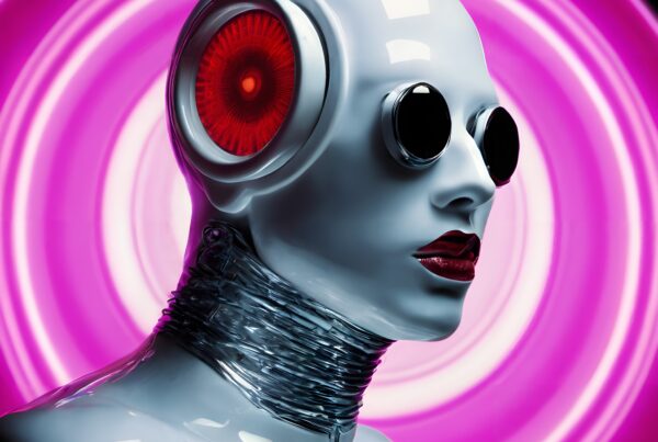 Futuristic humanoid robot with glossy metallic surface and vibrant pink background.