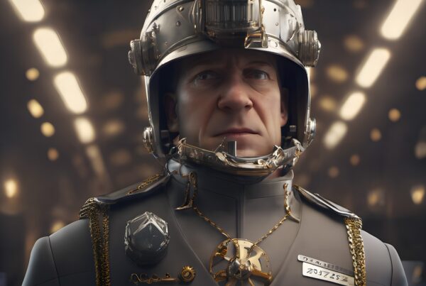 Futuristic soldier in detailed cyberpunk attire.