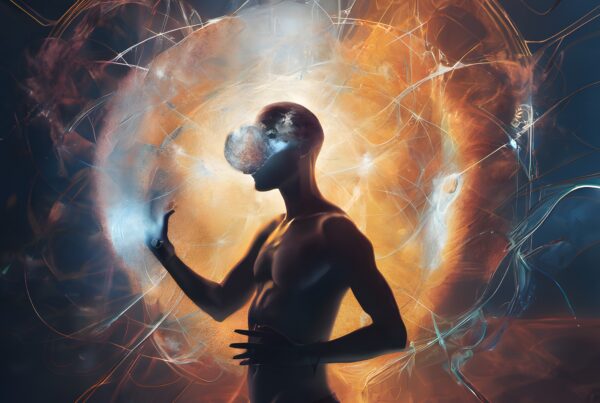 A silhouetted figure holds a cosmic orb amidst a swirling, colorful celestial background.