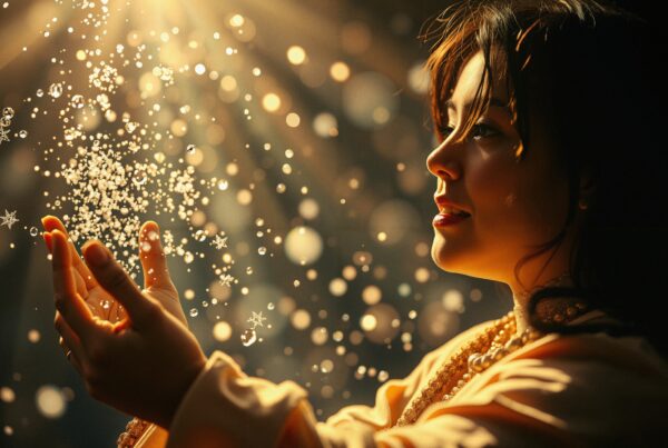 Woman holding dust particles in illuminated golden light.
