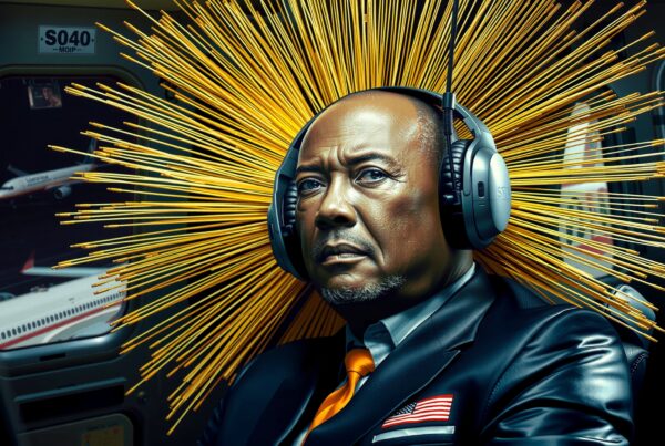 A man wearing headphones with a golden halo effect sits inside an aircraft cabin, surrounded by airplanes outside.