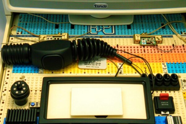 Complex electronic setup on a multicolored breadboard with various components and an old computer monitor.