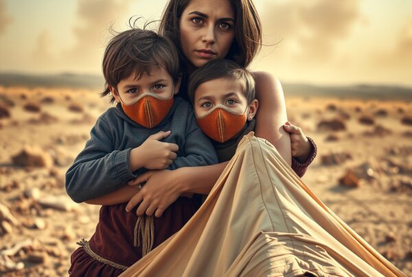 A woman and two children in a desert setting, displaying unity and resilience while wearing orange face masks.
