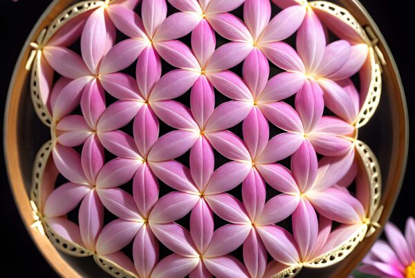 Intricate mandala of pink petals in circular symmetry.