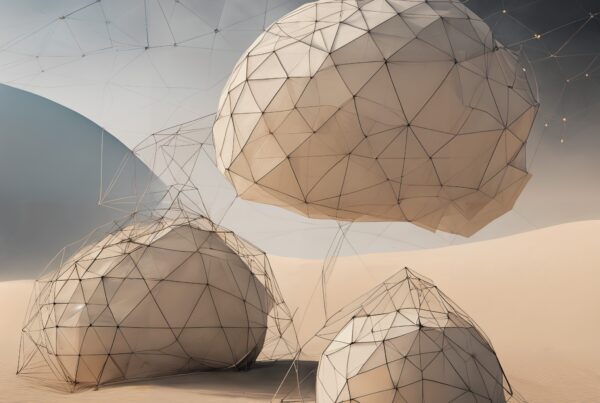 Futuristic geometric domes in a serene, artistic desert landscape with a gradient sky.