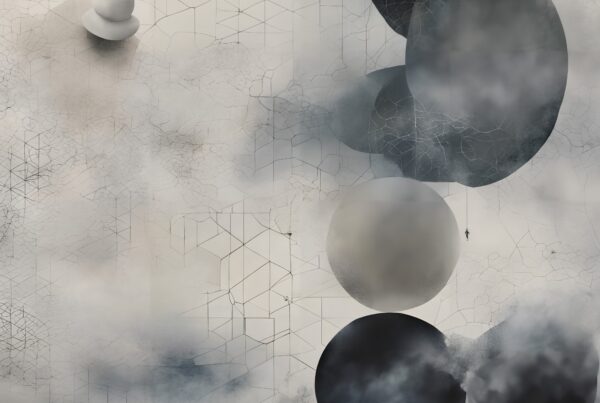 An abstract, dreamlike composition with floating spheres amidst misty clouds and intersecting geometric lines.