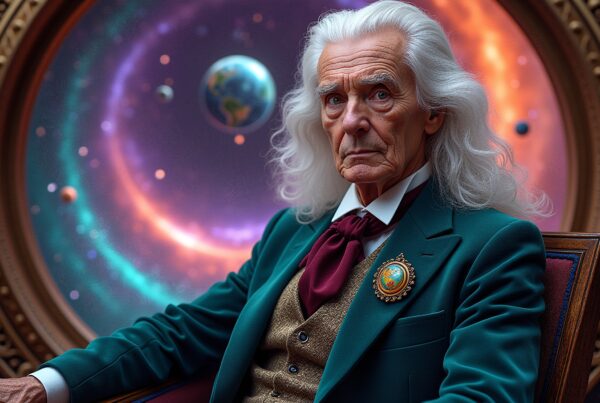Elderly man in teal suit gazes deeply in cosmic setting with planets.