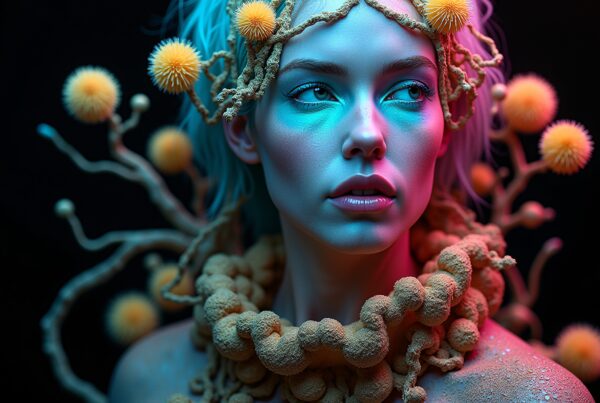A model with a coral-like headdress under vibrant lighting in a surreal fashion portrait.