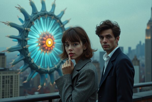 A man and woman on a rooftop with a cityscape and sci-fi structure.
