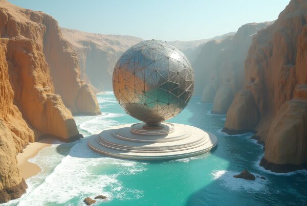 A large geodesic sphere on a tiered platform amidst sandstone cliffs by the ocean, with reflective surfaces under a clear sky.