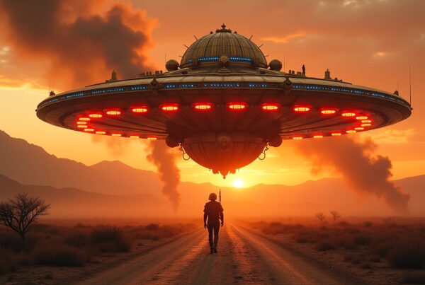 A lone figure approaches a massive hovering spaceship during an orange-hued desert sunset.