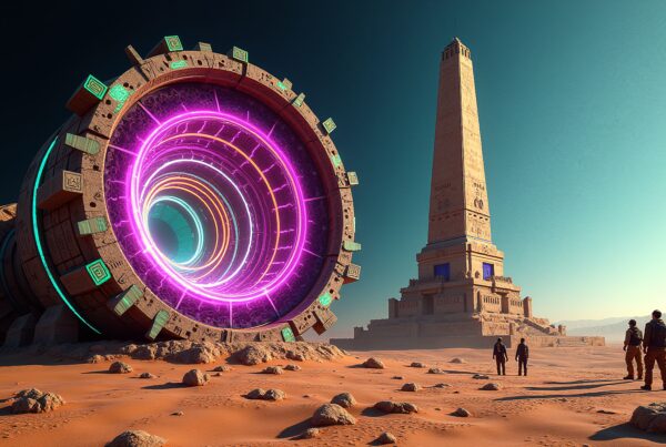 An enormous portal and ancient tower set against a desert landscape with figures approaching in a blend of futurism and antiquity.