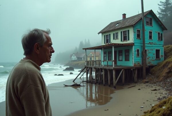 A solitary man stands on a foggy beach near a weathered turquoise house.