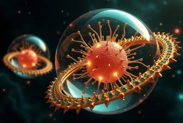 A digitally rendered viral structure floats in a cosmic space, featuring glowing spikes and orbiting golden rings.