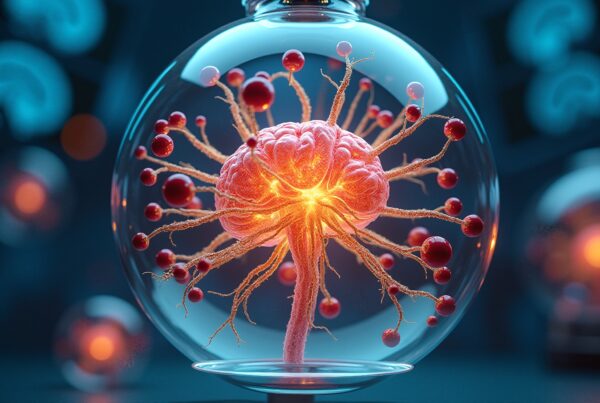 A glowing, brain-like structure with tendrils enclosed in a glass sphere in a futuristic setting.