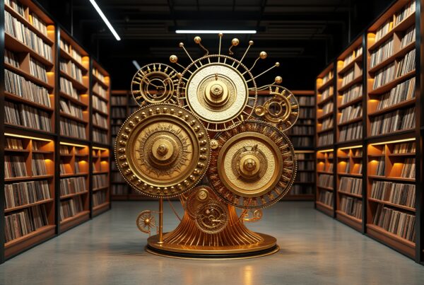 Intricate golden sculpture in modern library setting with warm lighting.