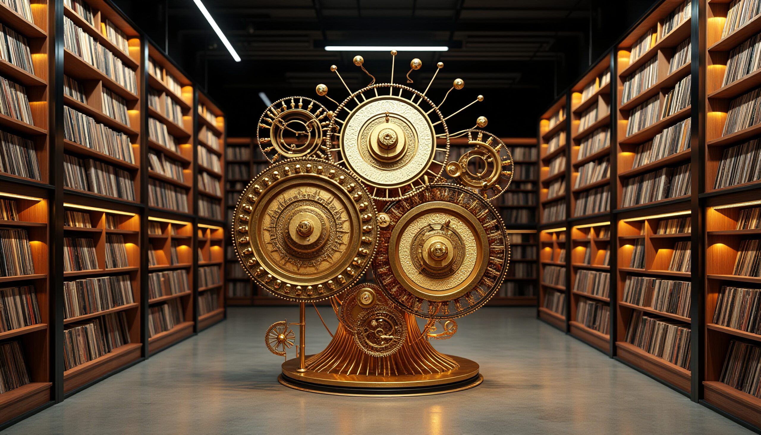 Golden Mechanical Sculpture in Library