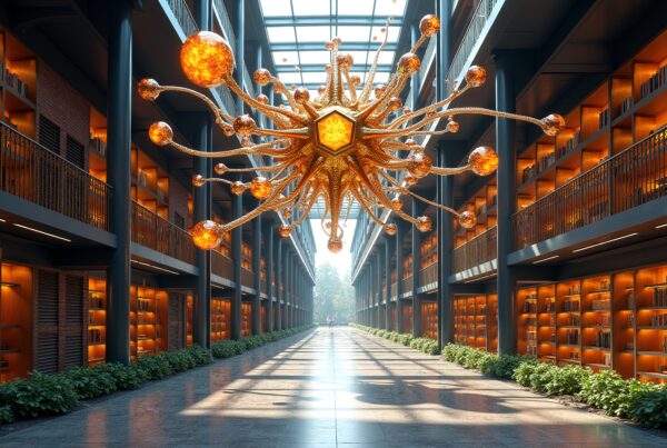 A grand modern library with glowing shelves and a spectacular chandelier creates an elegant atmosphere.