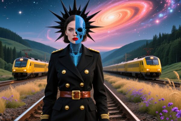 Woman with digital face stands on railway track amidst nature, with galaxy and trains in the background, blending futuristic and natural elements.