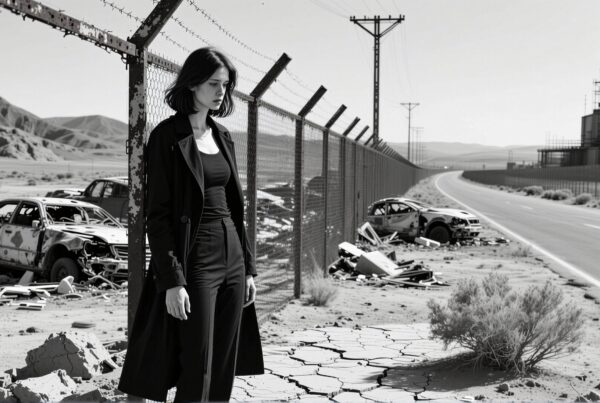 A woman in a black coat stands near an abandoned industrial site with wrecked cars and barren land.