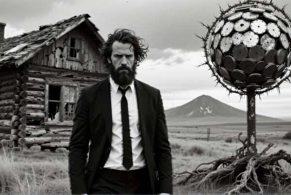 A man in a suit stands near an abandoned house and a unique spherical structure, set against a mountainous landscape.