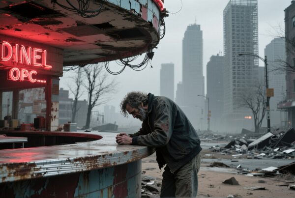 A solitary man leans in an abandoned diner amidst an urban wasteland with a flickering neon sign.