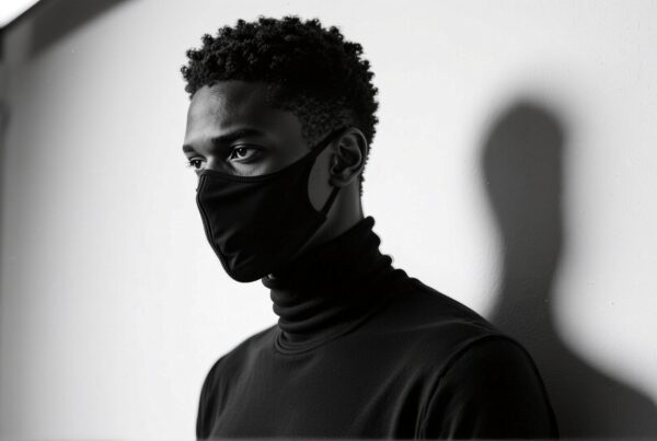 Black and white portrait of a person in a turtleneck wearing a mask with shadow on the wall.