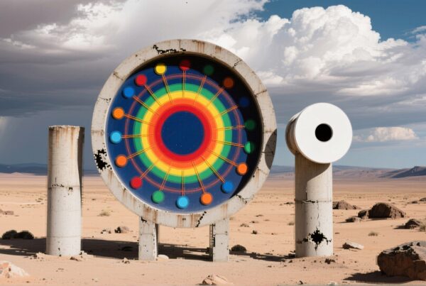 Surreal desert structure with colorful wheel.