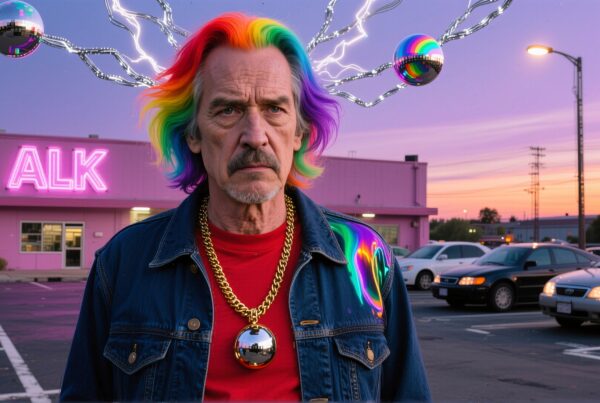 An older man with rainbow hair stands in a parking lot at dusk, metal spheres and neon lights create a vibrant and futuristic scene.