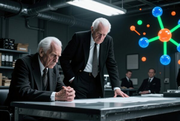 Futuristic office meeting with elderly men analyzing documents and a holographic molecular structure.