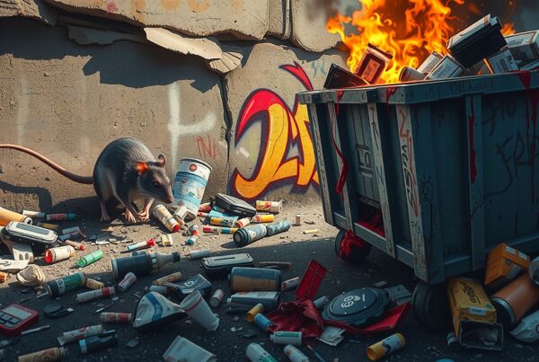 A vibrant urban alley scene with graffiti, a burning dumpster, scattered trash, and a curious rat.
