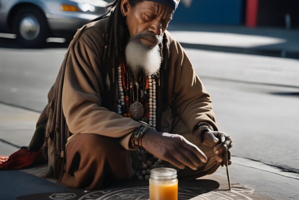 An urban street artist draws a mandala on the sidewalk.